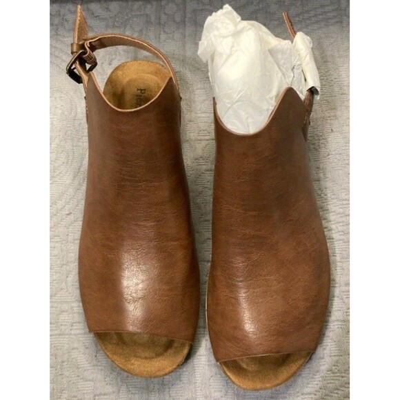 Pierre Dumas Kori Women's Brown Slingback Sandals Peep Toe Low Wedge Heel 10 New - Picture 2 of 5